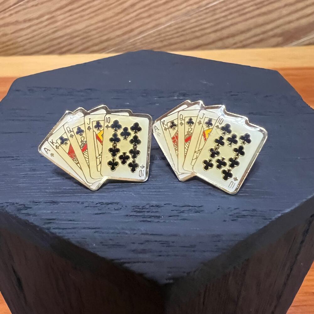 Vintage Royal Flush Suit Clubs Poker Stud Earrings Silver Tone Set
